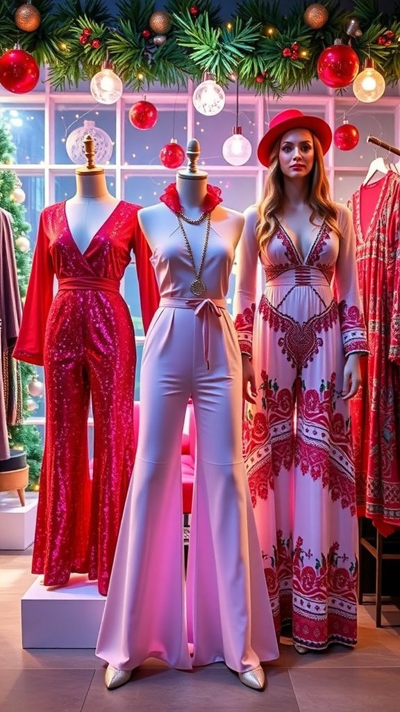 A collection of 70s-inspired Christmas party outfits including sequined jumpsuits and bohemian dresses, set against a festive backdrop.